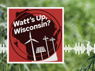 Watt's Up, Wisconsin Logo with a photo of switchgrass and white sound waves.