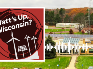 Watt's Up Wisconsin Logo with a photo of Bayfield County's municipal building with solar on the roof.